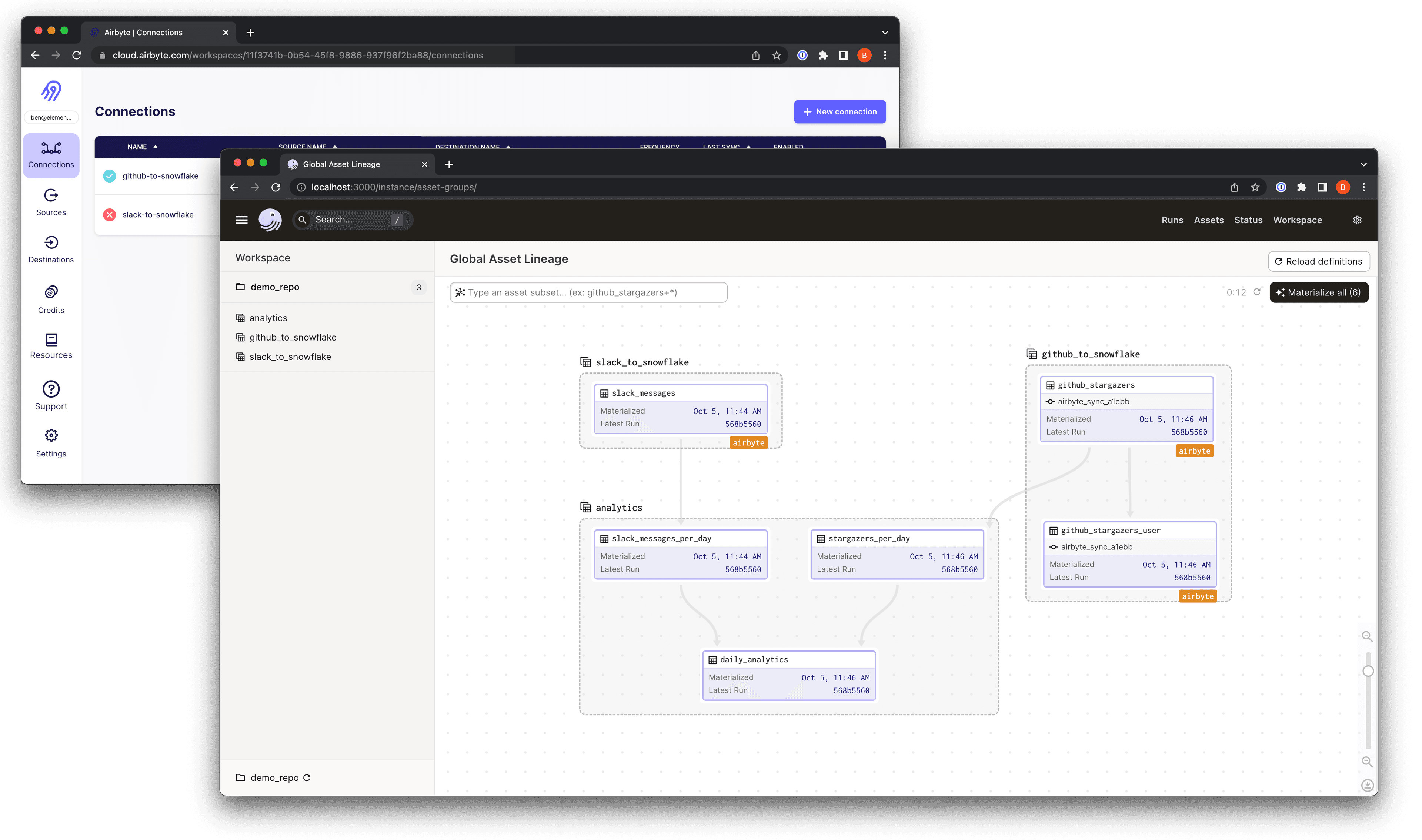 Screenshot of the Airbyte UI and Dagster UI in a browser.